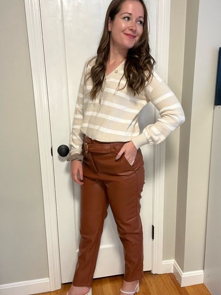 Fall fashion! Comfy relaxed sweater and trendy brown leather pants.

Sizing- sweater tts (xs)
Pants- wearing my true LOFT size 2 (I always size down one at loft). I would have preferred petite, which would be a size 4p.

Also come in black!

#LTKunder100 #LTKworkwear #LTKunder50
