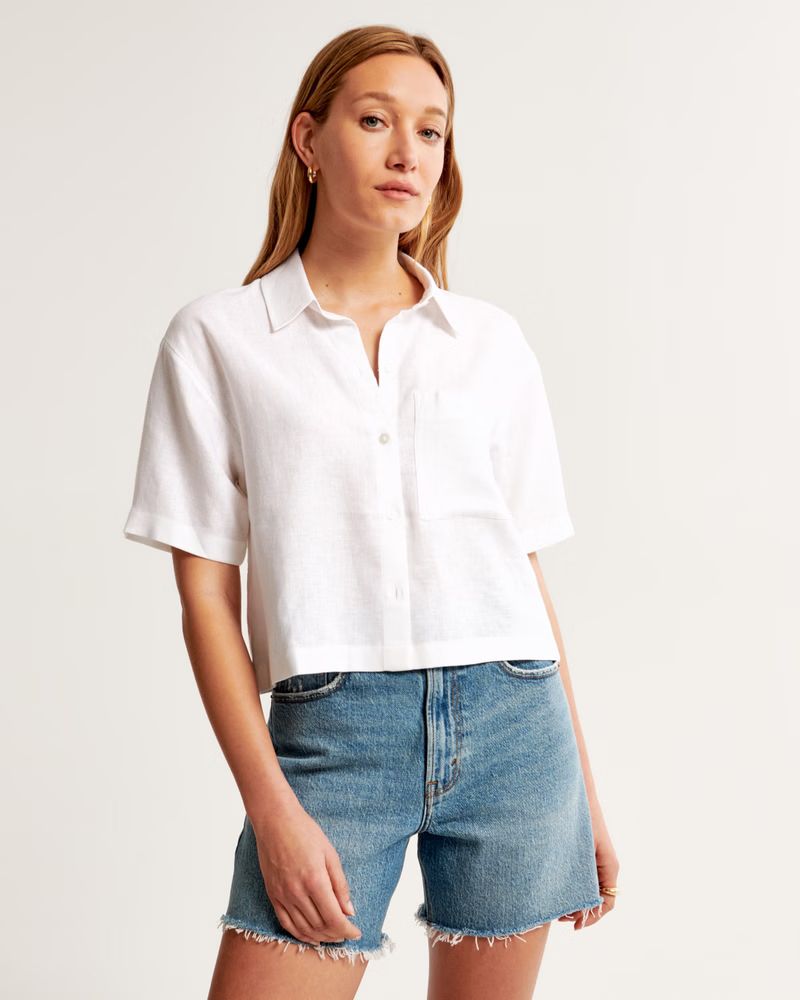 Women's Short-Sleeve Linen-Blend Shirt | Women's New Arrivals | Abercrombie.com | Abercrombie & Fitch (US)