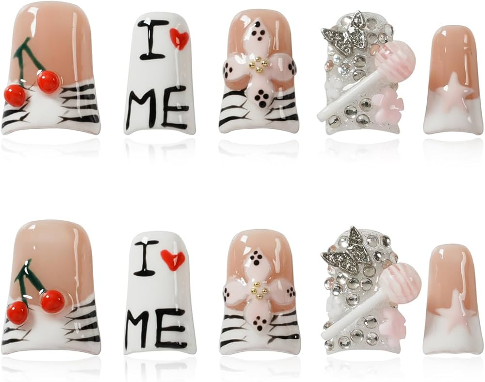 Press on Nails Handmade Short Duck - 3D Floral Metallic Butterflies French Tip False Nails with Z... | Amazon (US)