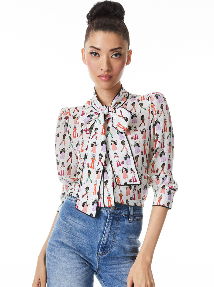 JEANNIE BOW COLLAR BUTTON DOWN SHIRT | Alice + Olivia