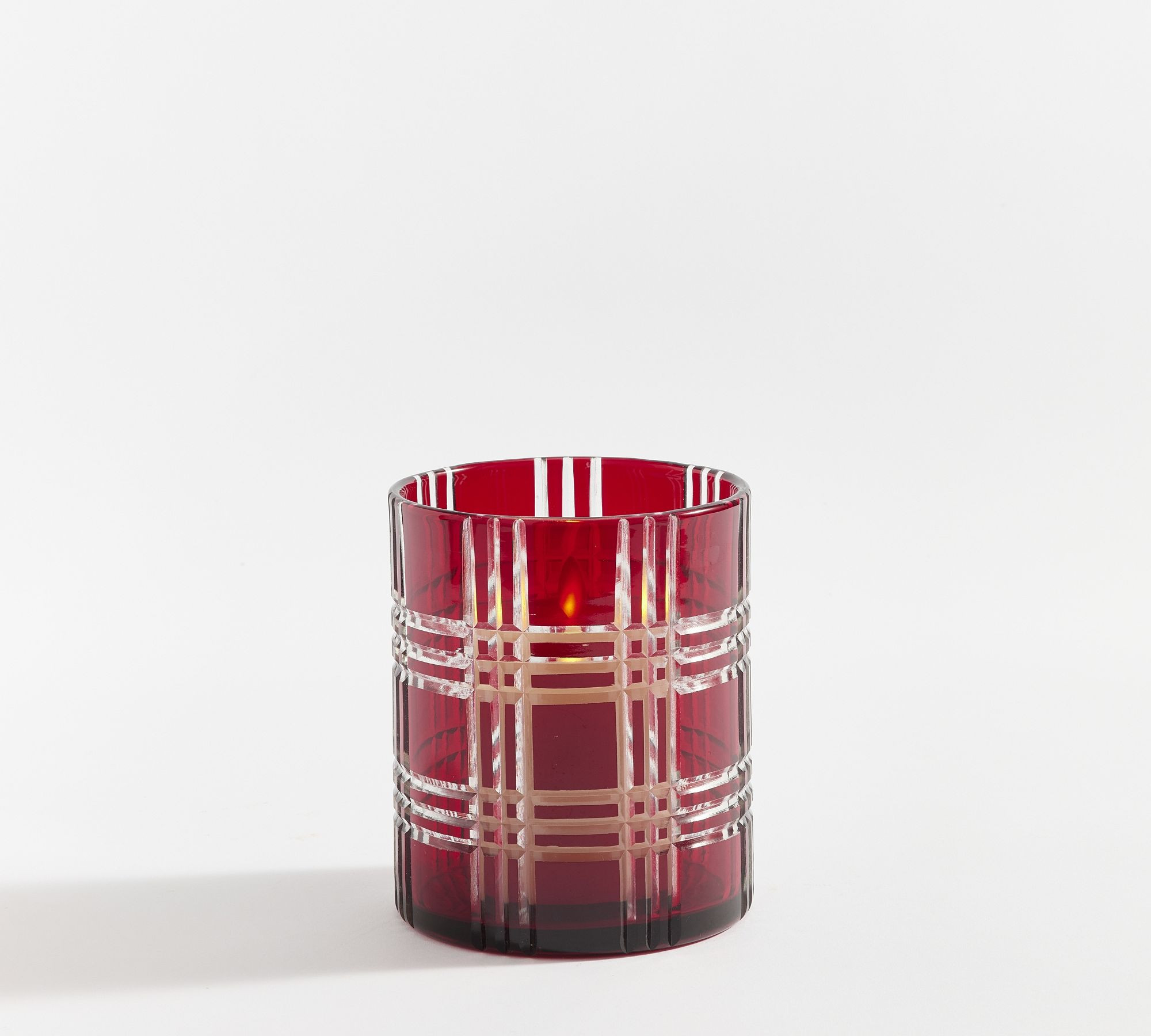 Stewart Plaid Cut Glass Hurricane, 7""x11"" - Red/Clear | Pottery Barn (US)