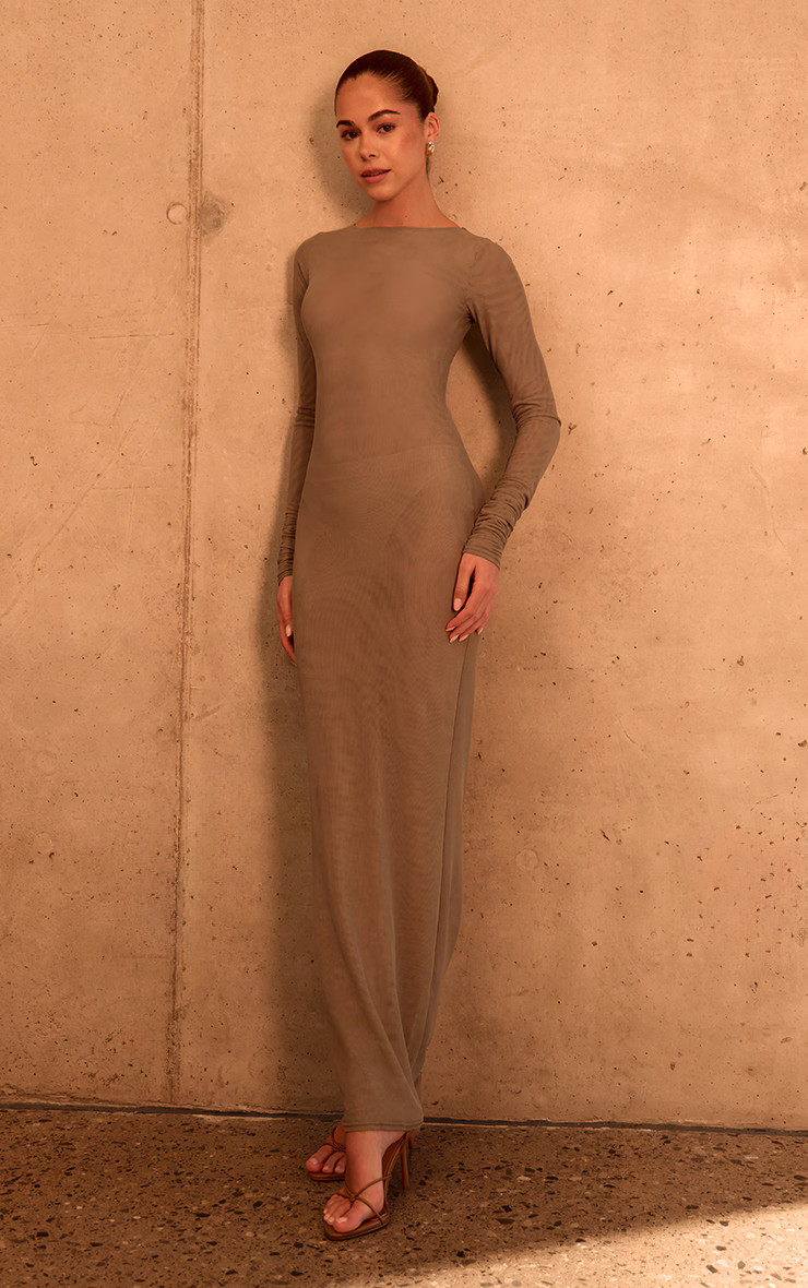 PLT Label Taupe Double Layer Mesh Ruched Sleeve Detail Maxi Dress | PrettyLittleThing US