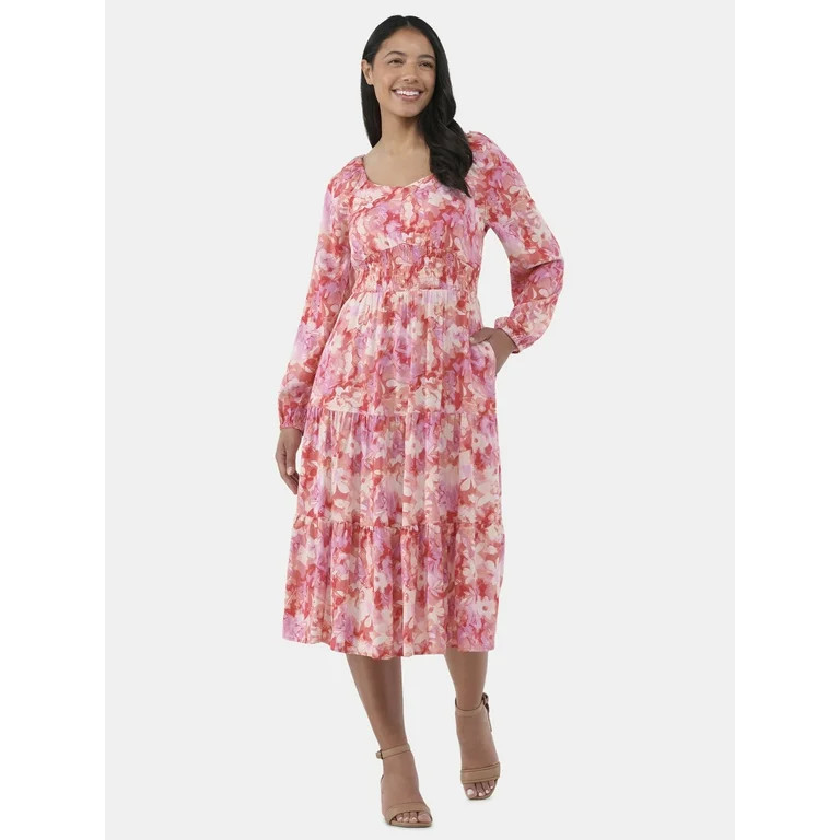 Time and Tru Women's Sweetheart Midi Dress with Long Sleeves, Sizes XS-XXXL | Walmart (US)