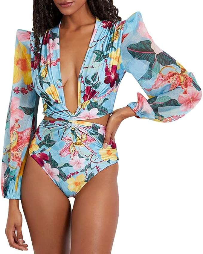 ODIZLI Women's Puff Long Sleeves One Piece Swimsuit Rash Guard V-Neck Bathing Suit 2023 | Amazon (US)