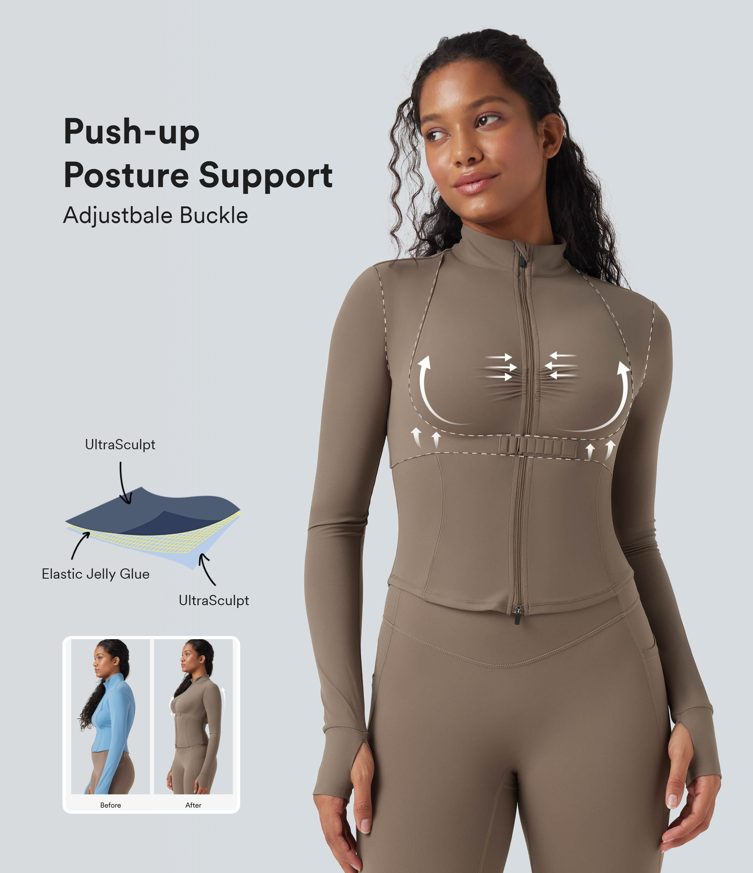 Halara Halara UltraSculpt™ Ruched Push-Up Long Sleeve Thumb Hole Yoga Jacket - Dawn Brown - XL | HALARA