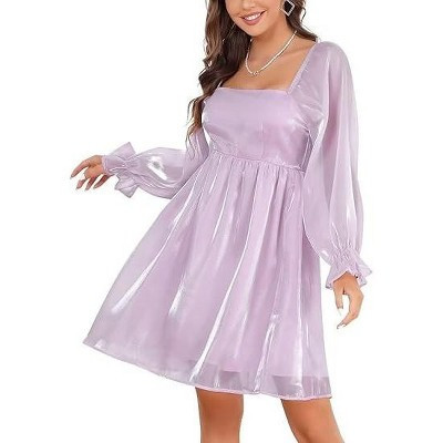 Womens Long Puff Sleeve Square Neck Long Puffy Dress Babydoll Mesh Minidress Purple 2XL | Target