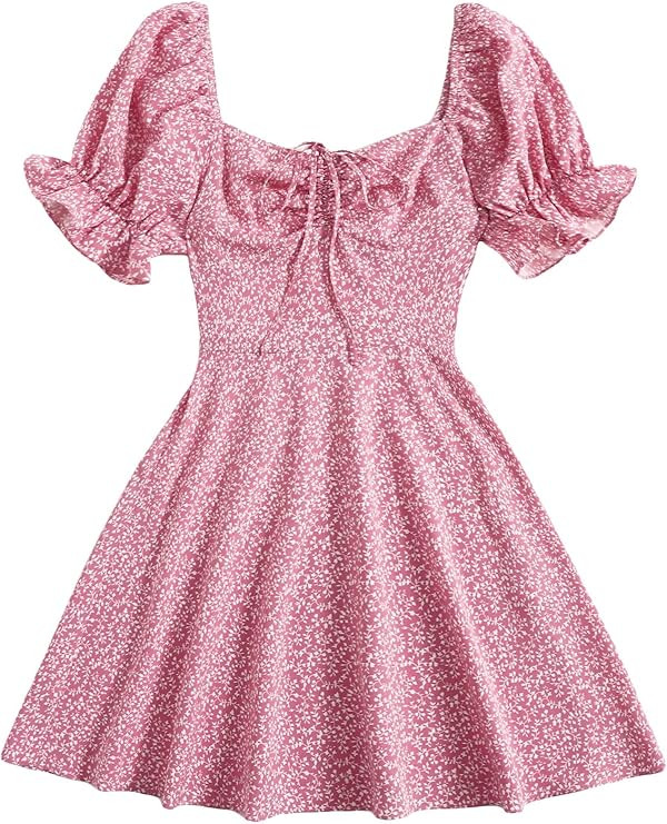 Floerns Women's Summer Drawstring Sweetheart Neck Puff Sleeve A Line Short Dress | Amazon (US)
