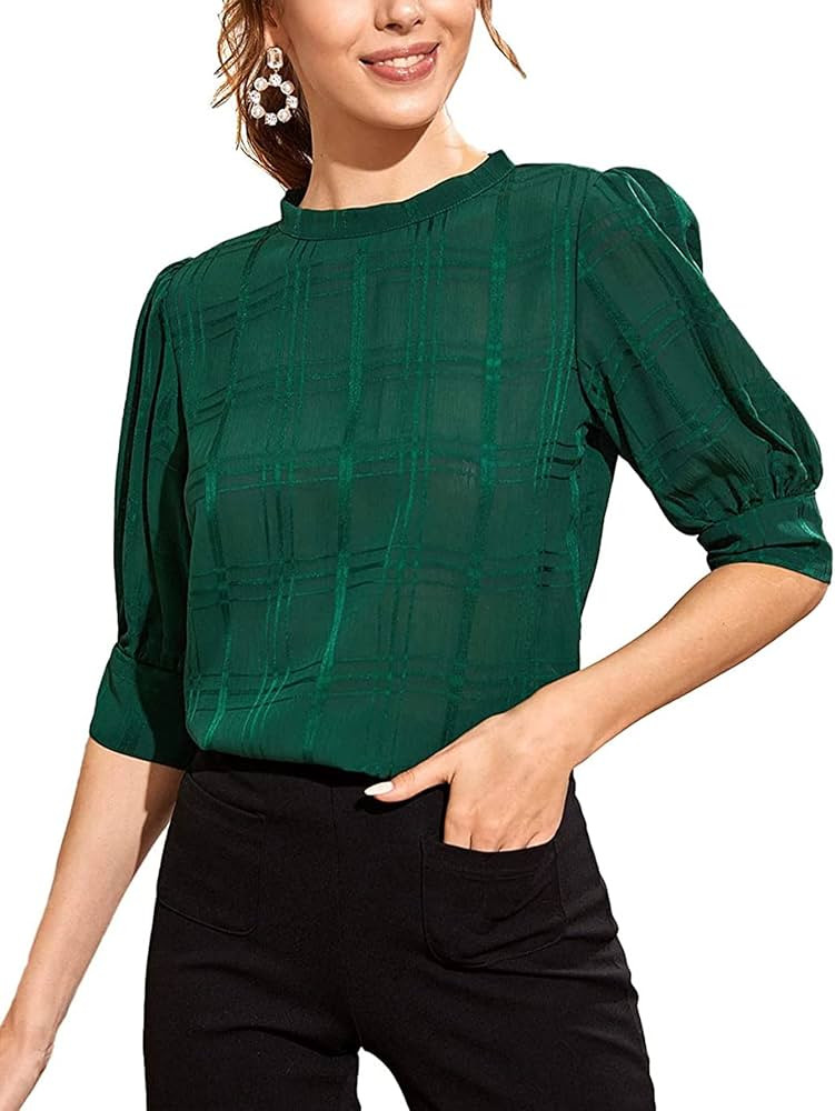 SheIn Women's Grid Office Blouse Work Top Puff Sleeve Shirt Blouses | Amazon (US)