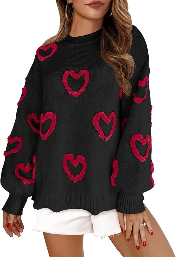 Saodimallsu Womens Heart Sweater Valentines Oversized Cute Winter Chunky Knit Crew Neck Side Slit... | Amazon (US)