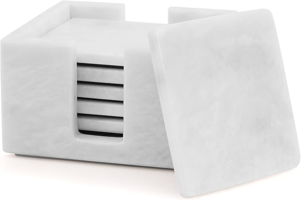 Marble Coasters Set of 6 White 3.5 Inch Square Coaster for Drinks with Holder, Drink Coaster for ... | Amazon (US)