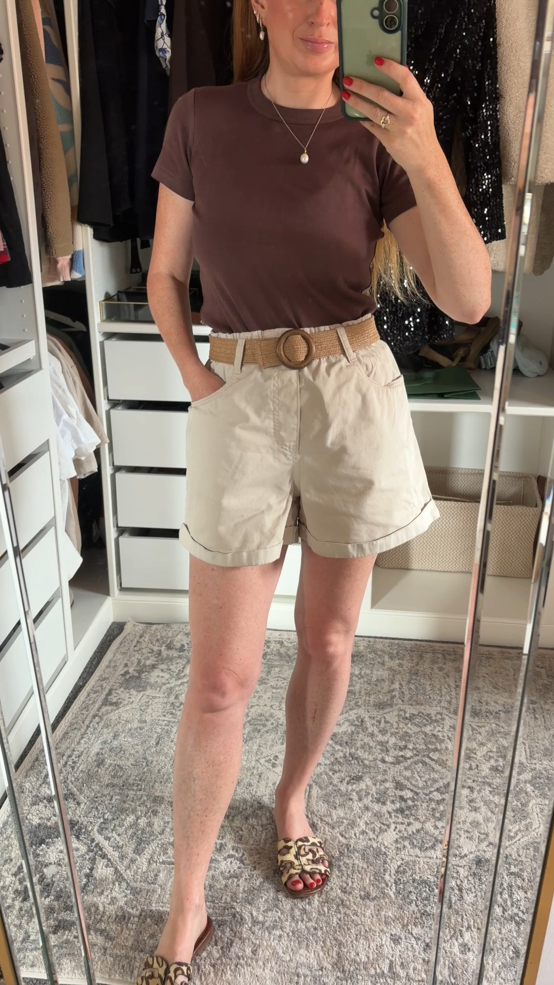 An easy everyday summer look that feels a little more polished 🤎🤍 I love pairing a chocolate brown tee with light linen shorts, it always looks effortlessly put together. Finished with woven accessories and comfy sandals. This t-shirt is also an absolute capsule wardrobe staple that I have in a bunch of different colours. 

 #LTKuk #LTKsummer #LTKtravel
