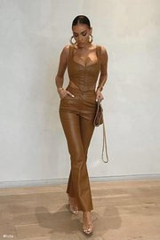 Tyra Straight Leg Faux Leather Pants - Dark Tan | MESHKI US