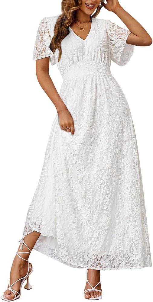 Miessial Women's V-Neck Lace Floral Long Dress Embroidery Cocktail Wedding Guest Boho Maxi Dress | Amazon (US)