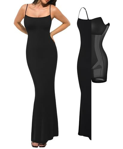Popilush Womens Formal Dresses Black Maxi Summer Dress Built in Bra Shapewear Tummy Control Bodycon Spaghetti Strap Ribbed Slip Long Party Going Out | Amazon (US)