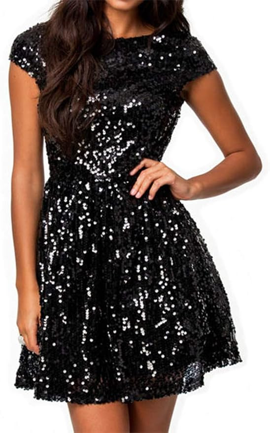 Plus Size Cap Sleeves Long Sleeves V Neck Sequins Skater Cocktail Club Dress | Amazon (US)