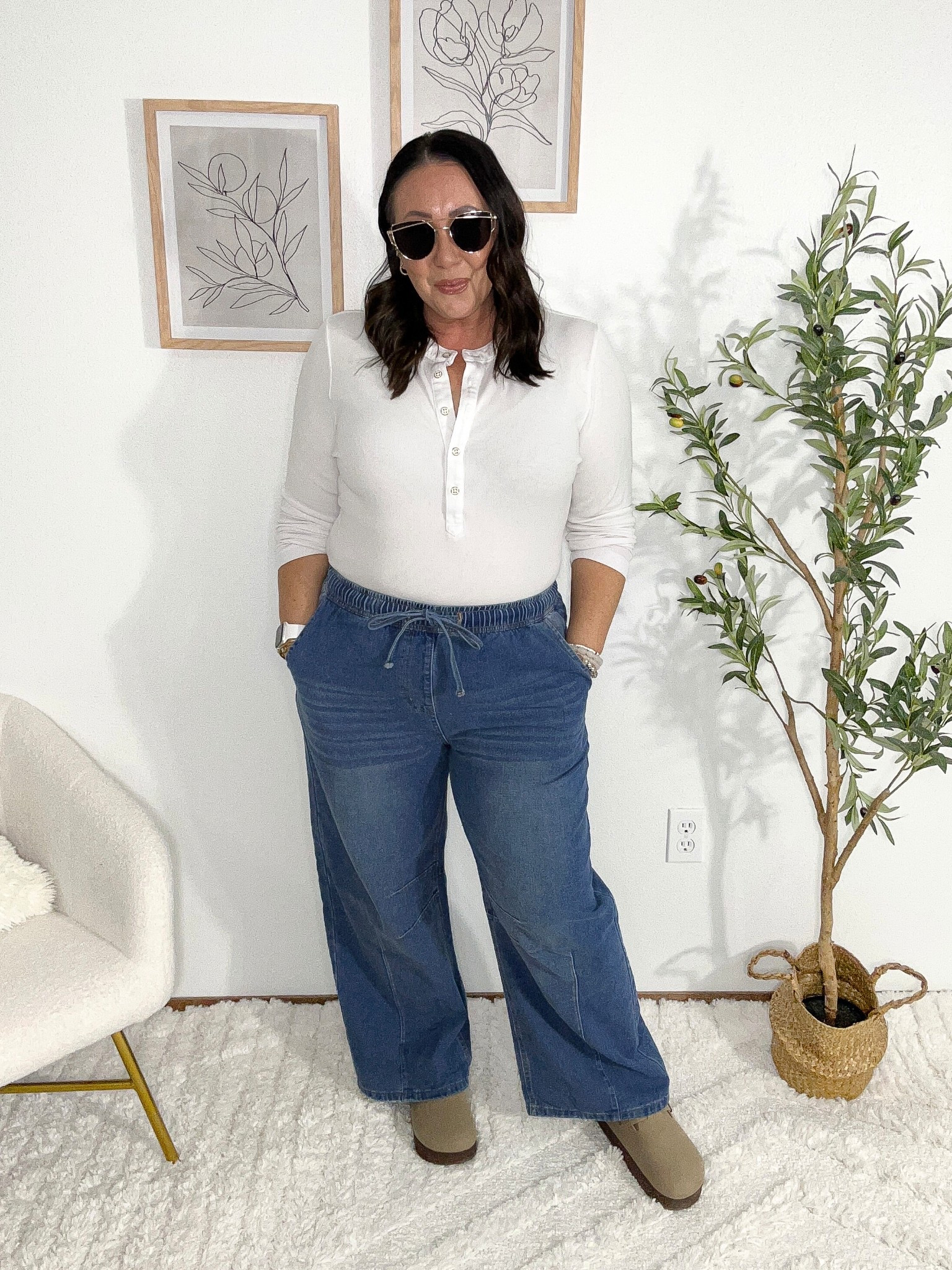 XL barrel leg pull on jeans. Feel tight around the hips and waist. XL henley top. Mules run true to size  

#LTKMidsize #LTKSeasonal #LTKOver40