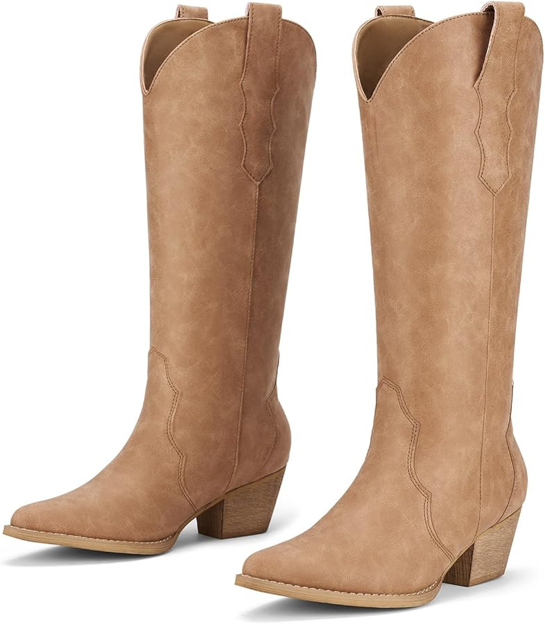 Rollda Cowboy Boots for Women Embroidered Cowgirl Boots Knee-High Western Boots with Chunky Heel | Amazon (US)