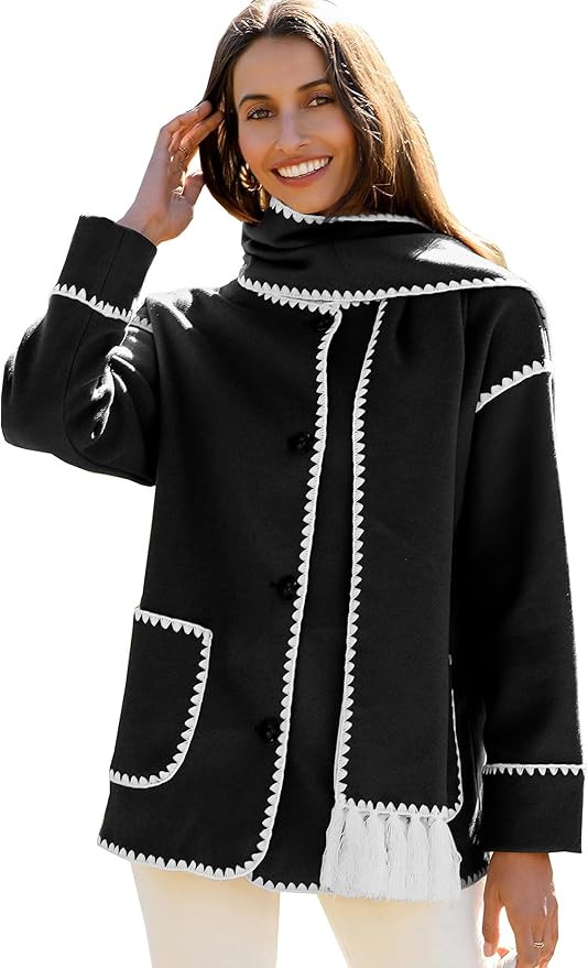 Angashion Women's Embroidered Scarf Jacket - Oversized Button Down Woolen Long Sleeve Causal Wint... | Amazon (US)