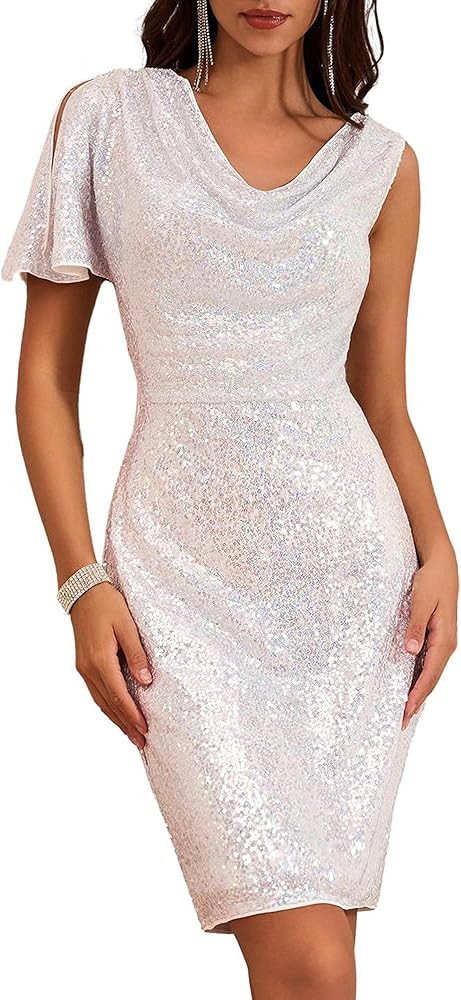 GRACE KARIN Women One Sleeve Cowl Neck Sequin Dress Formal Sparkly Glitter Evening Club Cocktail ... | Amazon (US)