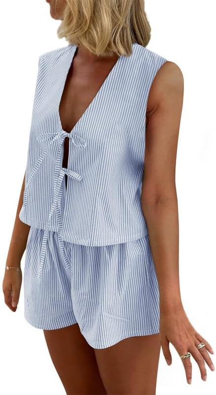 Thopavenoir Women Y2k Summer Set 2 Piece Loungewear Set Sleeveless Tie Front Tank Top Vest Baggy ... | Amazon (US)