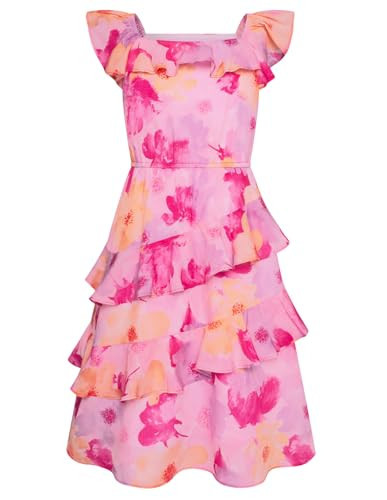 GRACE KARIN Floral Dress for Girls Spring A-line Dress Cute Flowy Sundress Ruffle Sleeves and Double Ruffled Hem 9-10 Years Purple and Pink Flower | Amazon (US)