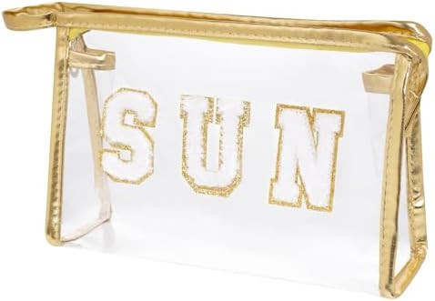 Clear Preppy Patch Makeup Bag, Sun Chenille Letter Bag for Beach, Pouch With Zipper, Travel Cosme... | Amazon (US)