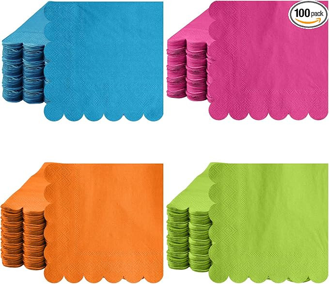 Yeaqee 100 Pcs Neon Colored Scalloped Napkins Paper Cocktail Napkins 2 Ply Bright Beverage Paper ... | Amazon (US)