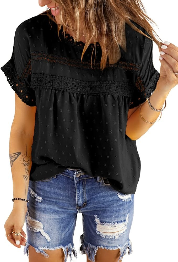 Dokotoo Womens Summer Tops Crewneck Lace Crochet Short Sleeve Shirts Casual Chiffon Blouses | Amazon (US)