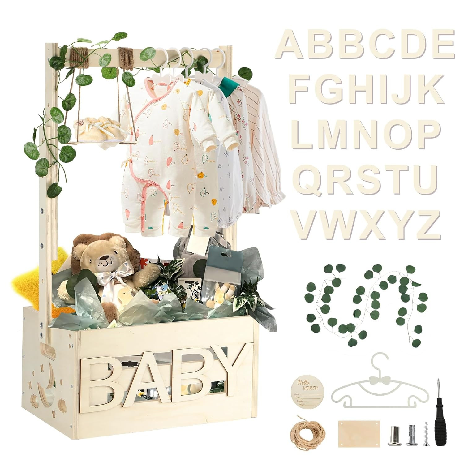 Wooden Baby Shower Crate Closet, Baby Shower Basket with 33.5" High Hanger Rack and Swing, DIY Ba... | Amazon (US)