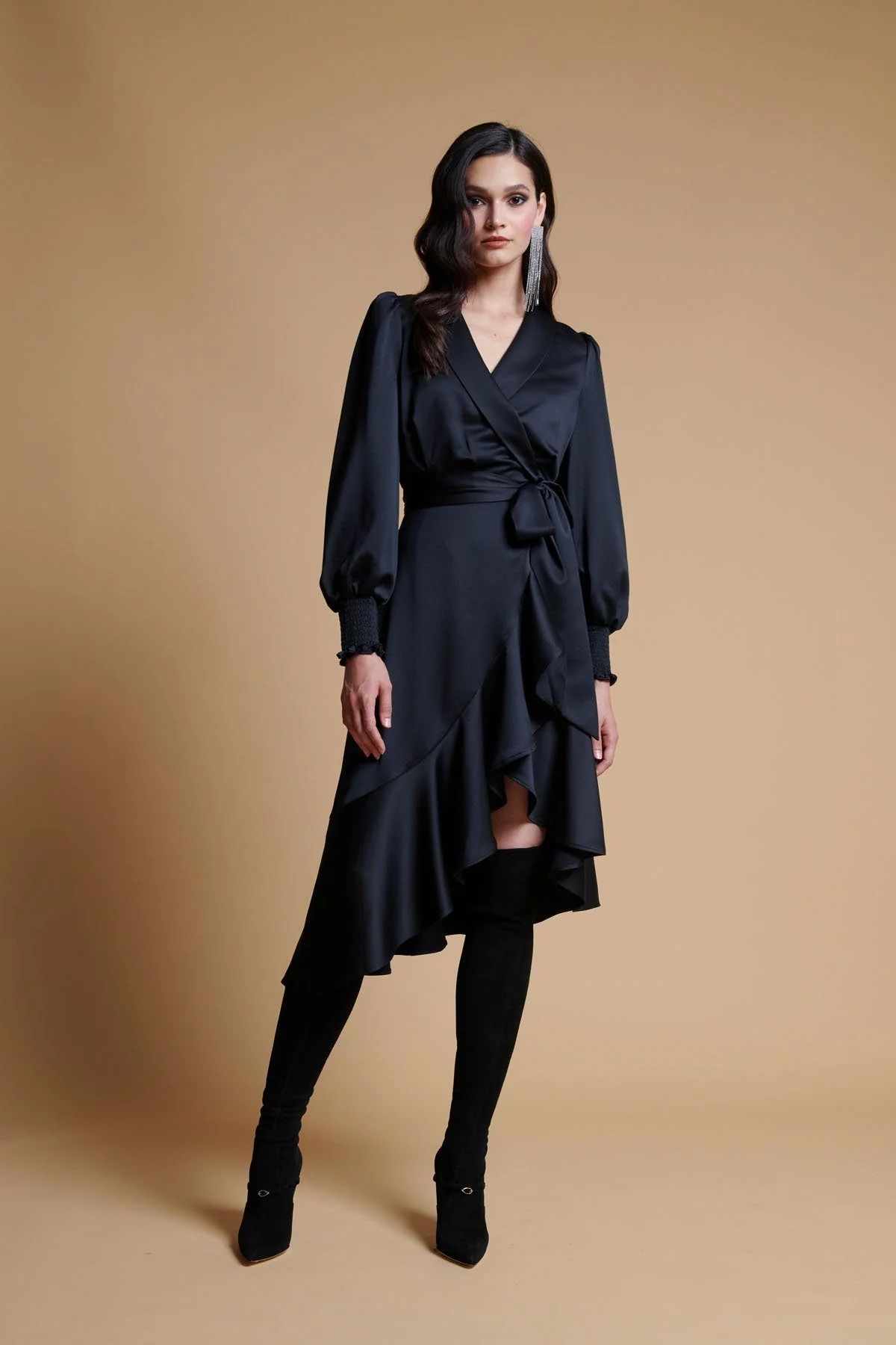 Long Sleeve Satin Wrap Dress - Black | Rachel Parcell