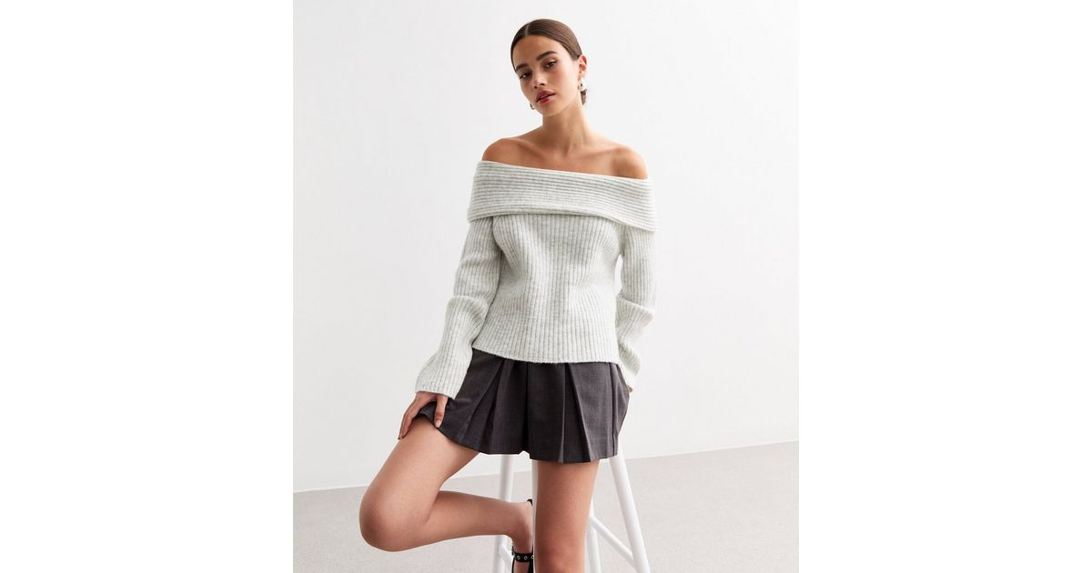 Grey Ribbed Knit Bardot Jumper  | New Look | New Look (UK)