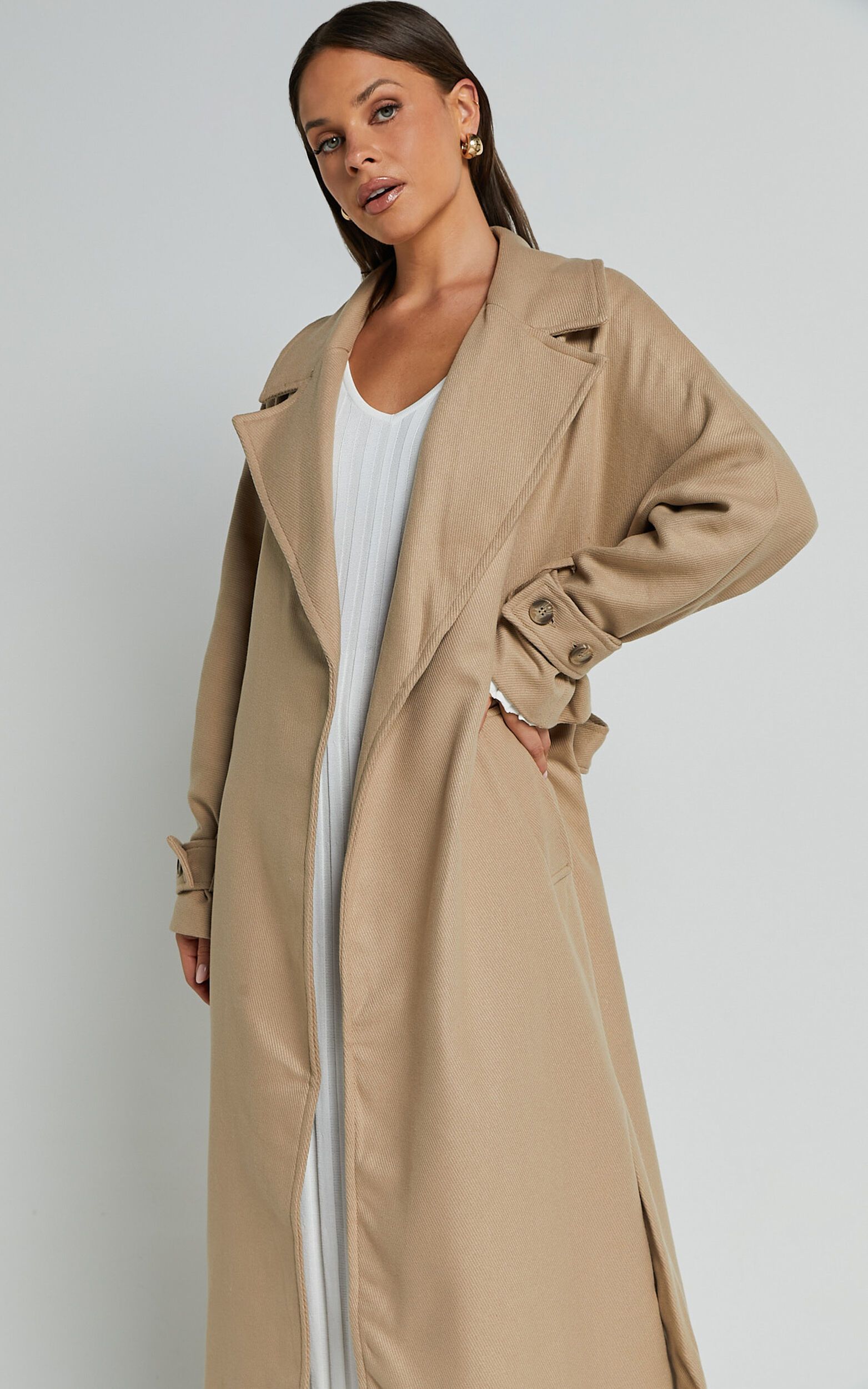 Mella Coat - Belted Longline Coat in Camel | Showpo (US, UK & Europe)