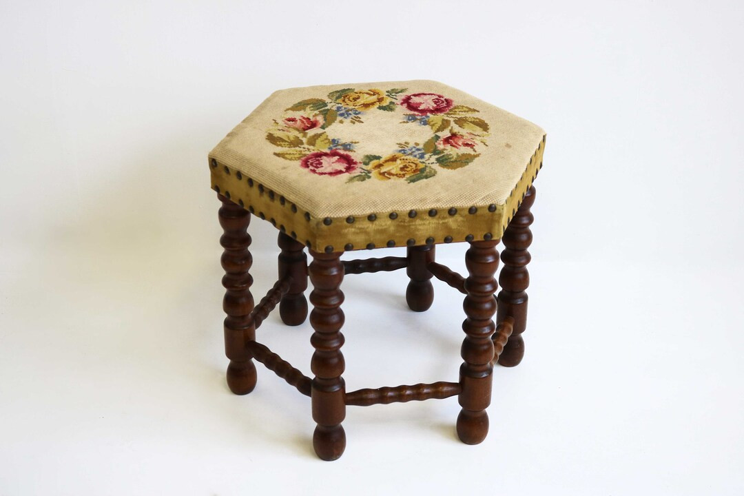 Mid Century Modern Bobbin Base Stool With Floral Needlepoint Fabric Antique Style Footstool Hexag... | Etsy (US)
