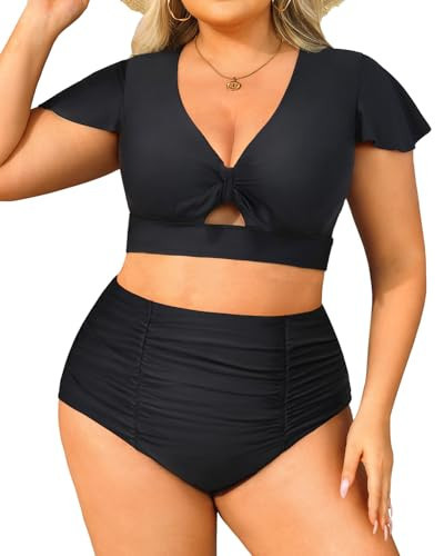 Yonique Womens Two Piece Plus Size Bikini Set High Waisted Swimsuits Tummy Control Bathing Suits Short Sleeve Swimwear Black 16Plus | Amazon (US)