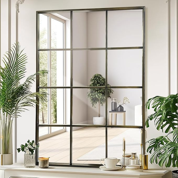 Windowpane Wall Mirror 30"x48" Bronze Wall Mounted Art Pane Mirror Farmhouse Decorative Mirror Le... | Amazon (US)