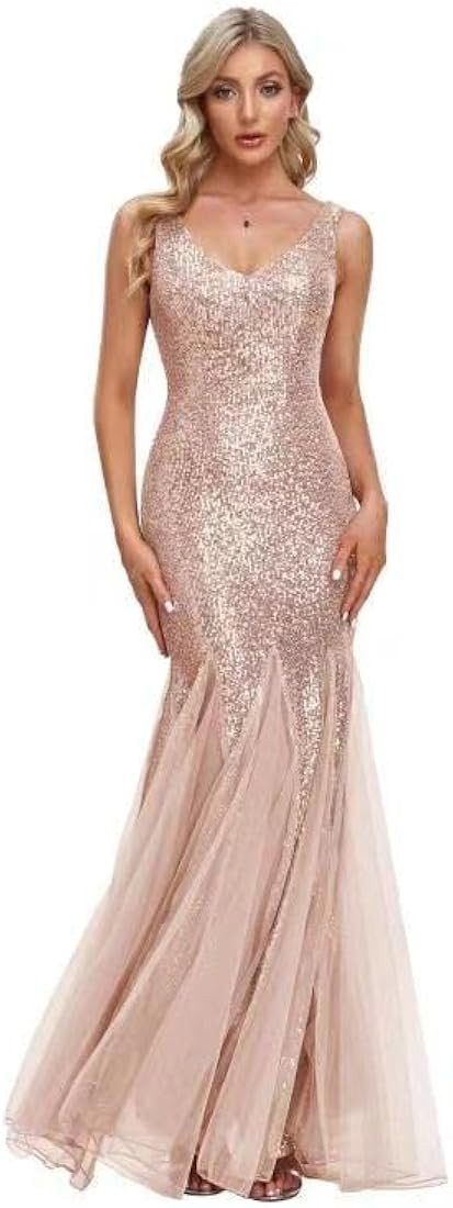 Updated Women's Double V Neck Long Sequined Mermaid Dress Formal Dress Bridesmaid Party Dress | Amazon (US)