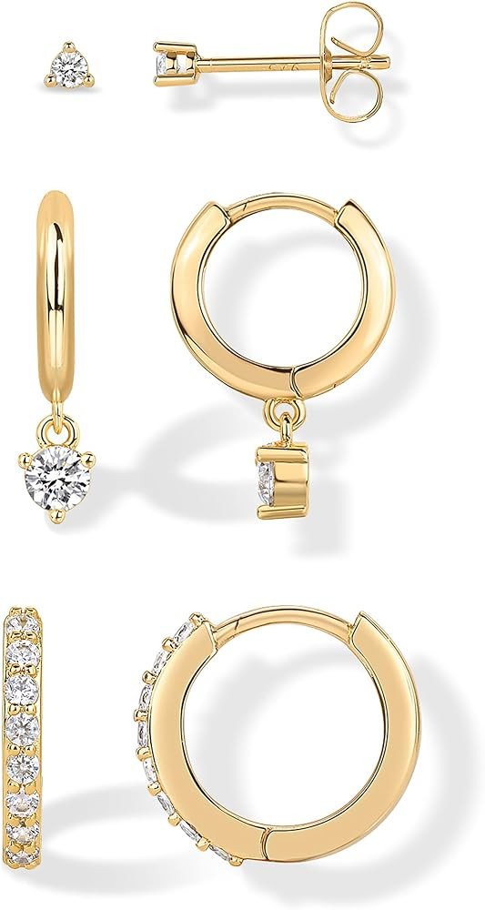 PAVOI 18K Gold Plated 925 Sterling Silver Posts Three Pairs Statement Earrings for Women - Cubic ... | Amazon (US)
