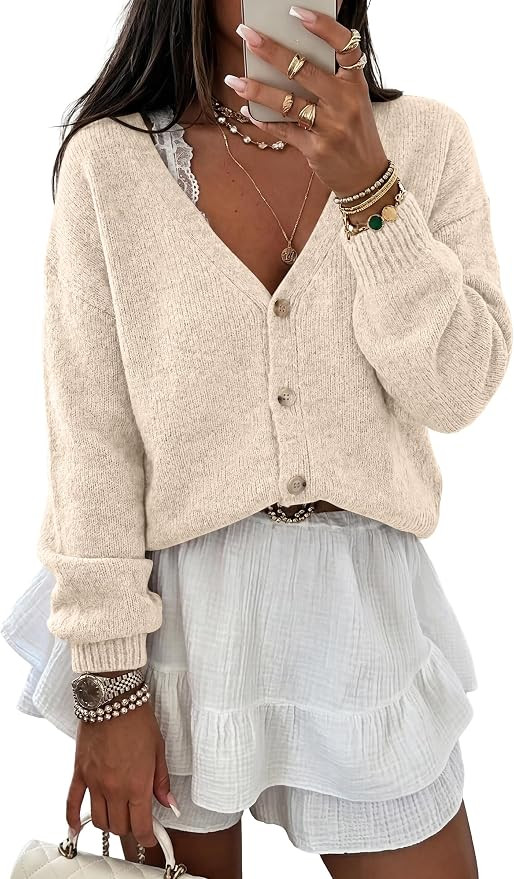 ANRABESS Women's Oversized Crop Cardigan Chunky Knit Sweater | Button Down Open Front V Neck Long... | Amazon (US)