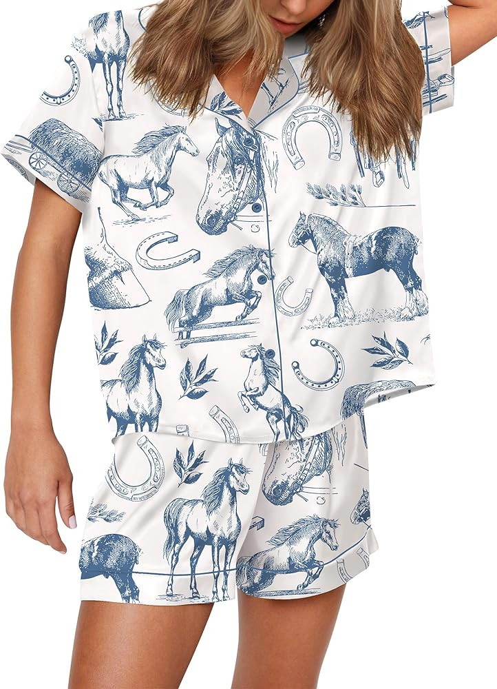 SHESHOW Satin Pajamas for Women Set Preppy Animals Pjs Short Sleeve Shorts 2 Piece Loungewear Set... | Amazon (US)