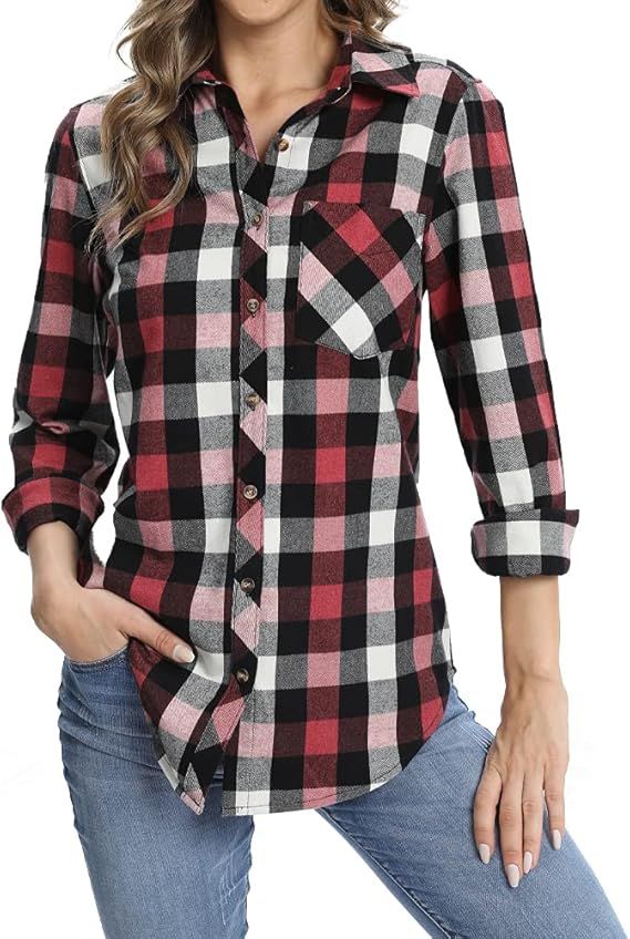 Fuinloth Women's Flannel Button Down Shirt, Plaid Long Sleeve 100% Cotton with Pocket | Amazon (US)