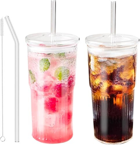 JunVpic Glass Tumbler with Straw and Lid, 20 OZ Clear Iced Coffee Glasses Cups for Ice Water, Juice, Tea, Milk, Smoothie and Cold or Hot Drinks, Set of 2 | Amazon (US)