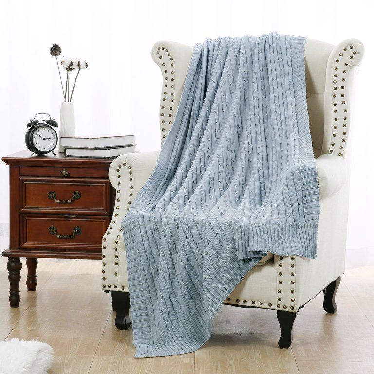 PiccoCasa Cotton Knitted Throw Blanket Soft Warm Cable, Light Blue | Walmart (US)
