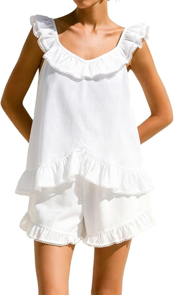 Women's Ruffle Pajama Sets Summer Cotton 2 Piece Shorts Set | Amazon (US)