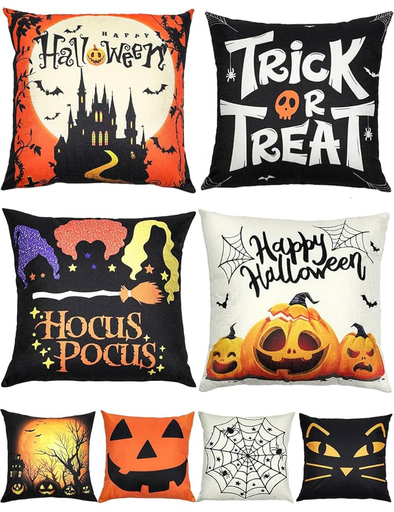 Halloween Decorations Set Of 4 Double-Sided Print Pillow Covers 18" x 18", with 8 Cute Halloween ... | Amazon (US)