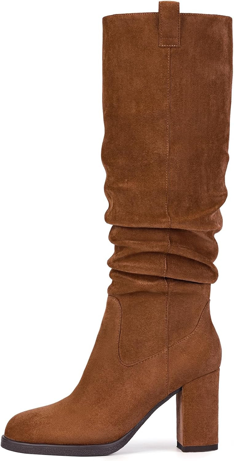 Suede Knee High Boots for Women - Tall Chunky High Heel Dress Boot with Side Zipper, Round Toe Ruched Slouch Block Long Boots for Ladies, Stylish Fall Boot for Work, Party & Everyday Wear | Amazon (US)