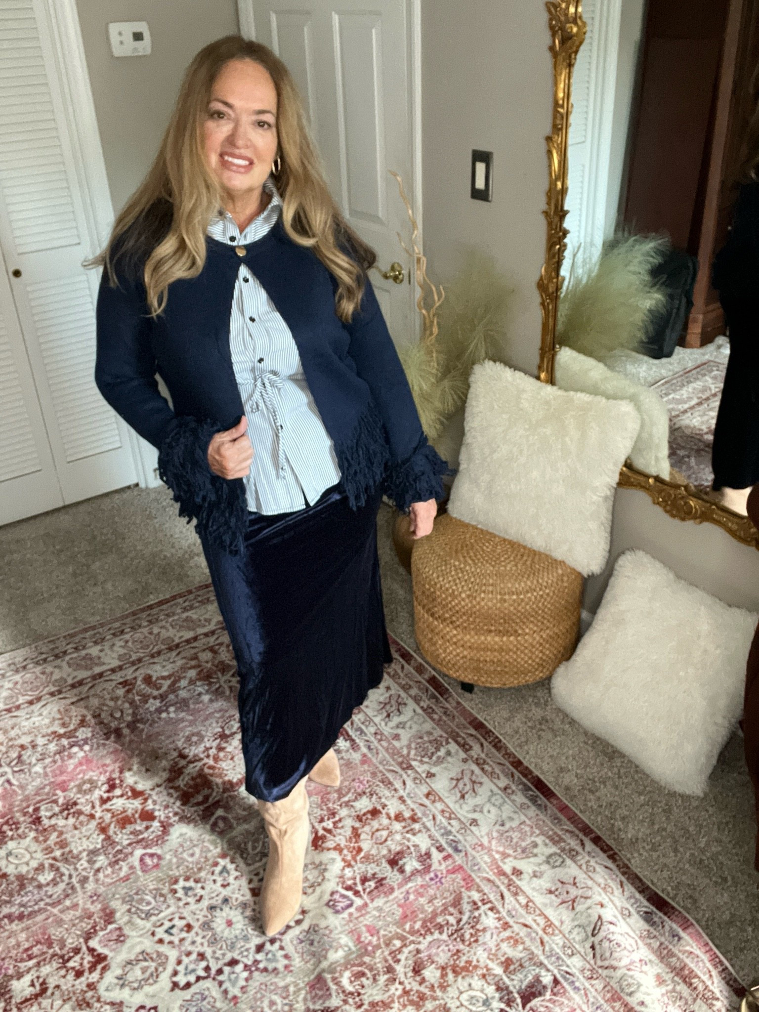Fringe cardigan and velvet skirt Striped shirt.

#LTKWorkwear #LTKOver40 #LTKootd
