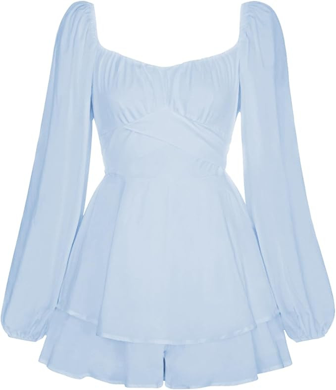 Women's Lantern Long Sleeve Short Jumpsuit Square Collar Double Layer Boho Romper Off Shoulder Ru... | Amazon (US)