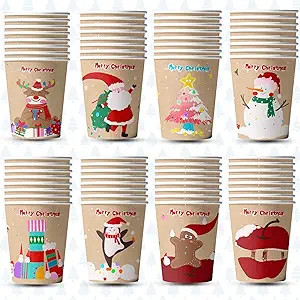 HENILEW 40 Pcs 12oz Christmas Disposable Paper Cups for Hot Cocoa Coffee, Kraft Color Paper Cup w... | Amazon (US)