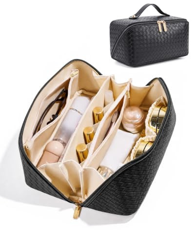 ALEXTINA Large Travel Makeup Bag Makeup Organizer with Collapsible Handle, Waterproof Cosmetic Bag for Women, Open Flat Toiletry Bag for Travel Essentials & Travel Size Toiletries,Woven Black | Amazon (US)