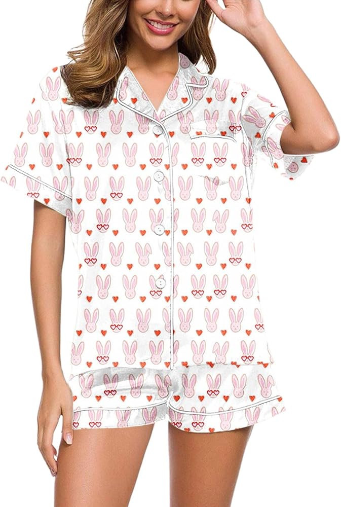 Womens Pajamas Set 2 Piece Button Down Monkey Bunny Shorts Set Y2k Roller Dupes Rabbit Preppy Lou... | Amazon (US)